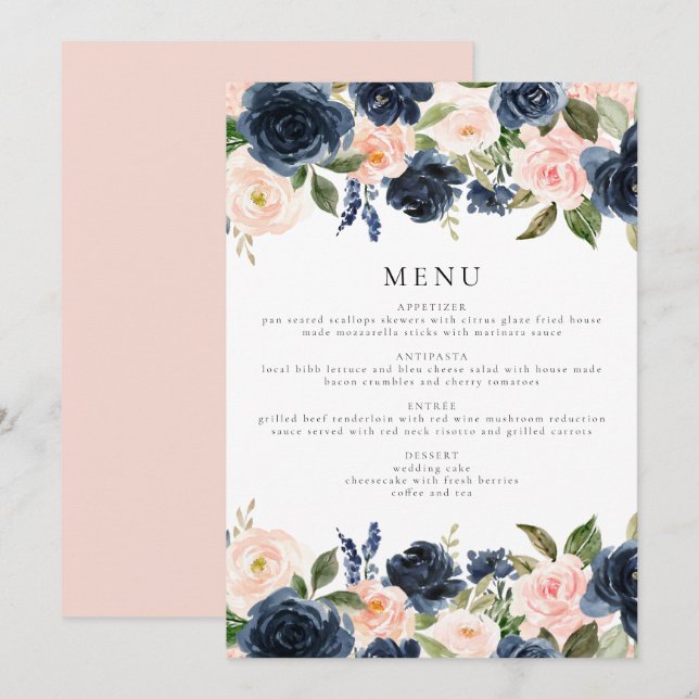 Romantic & Sweet Navy Blush Floral Dinner Menu Invitation (Front/Back)