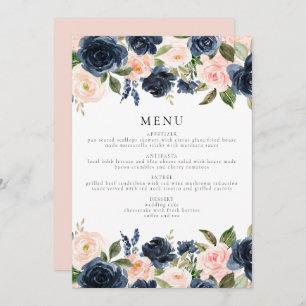 Romantic & Sweet Navy Blush Floral Dinner Menu Invitation