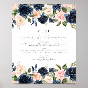 Romantic & Sweet Navy Blush Floral Dinner Menu Poster