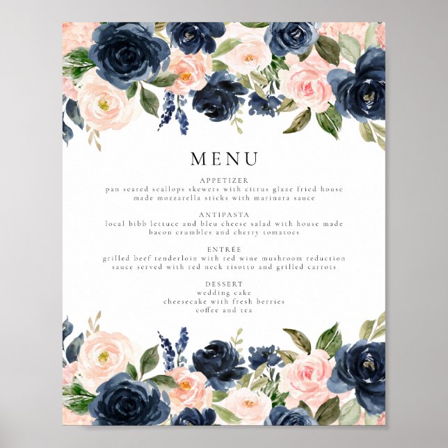 Romantic & Sweet Navy Blush Floral Dinner Menu Poster (Front)