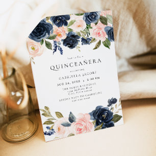 Romantic & Sweet Navy Blush Floral Quinceañera Invitation
