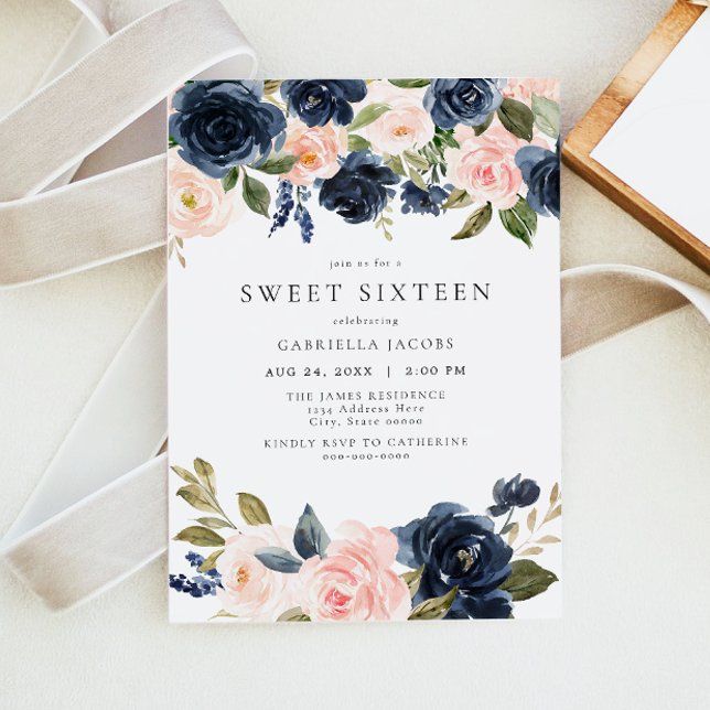 Romantic & Sweet Navy Blush Floral Sweet 16 Invitation (Creator Uploaded)