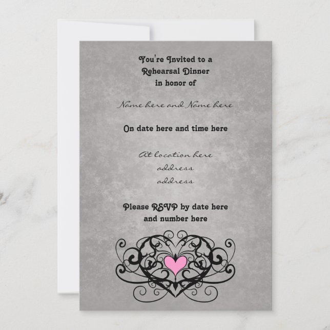 Romantic swirls and hearts rehearsal dinner invitation (Front)