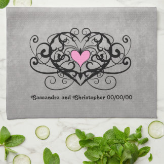 Romantic swirls and hearts wedding tea towel
