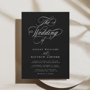 Romantic Swirly Calligraphy Black & White Wedding Invitation
