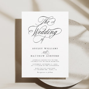 Romantic Swirly Calligraphy Black & White Wedding  Invitation
