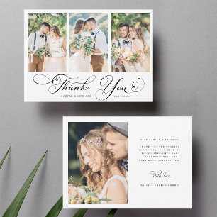 Romantic Swirly Calligraphy Wedding 4 Photo Thank You Card