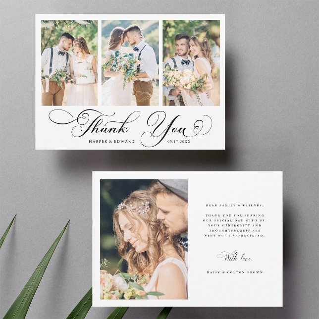 Romantic Swirly Calligraphy Wedding 4 Photo  Thank You Card (Front & Back)