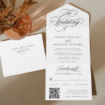 Romantic Swirly Calligraphy Wedding All In One Invitation<br><div class="desc">Simple black and white all in one wedding invitation featuring elegant and romantic swirly calligraphy lettering with a RSVP and a QR Code. For more advanced customisation of this design,  please click the BLUE DESIGN TOOL BUTTON above!</div>