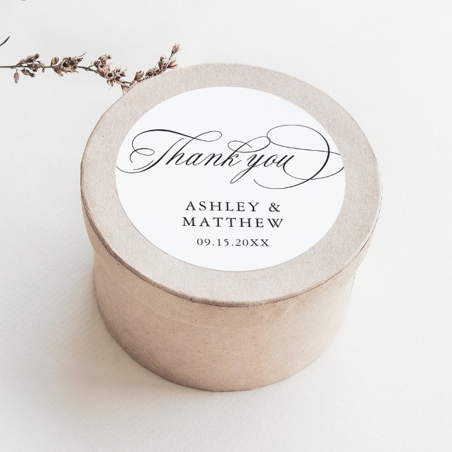 Romantic Swirly Calligraphy Wedding Thank You Classic Round Sticker (Creator Uploaded)