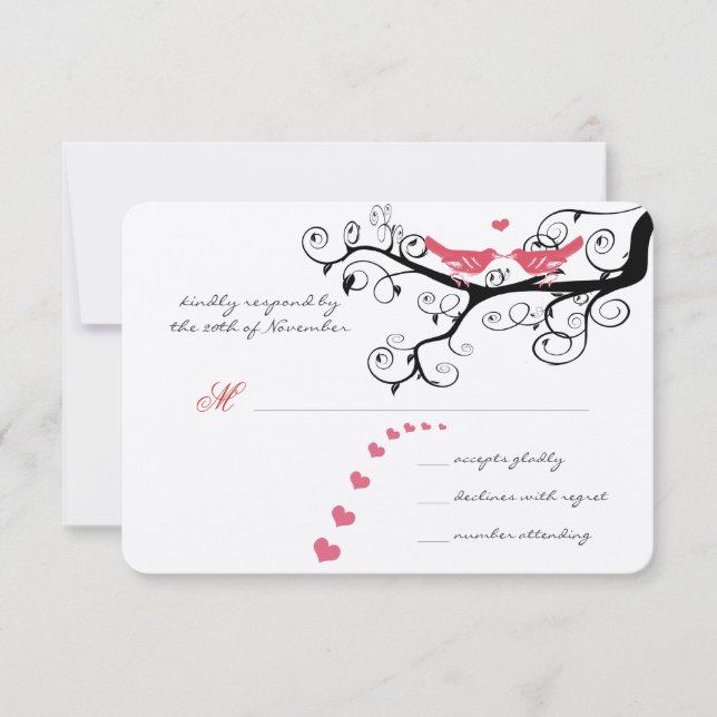 Romantic Swirly Pink Lovebird Tree Wedding RSVP Card (Front)