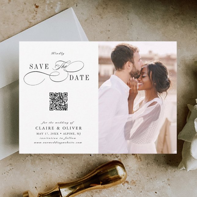 Romantic Swirly Script QR Code Wedding Photo Save The Date (Creator Uploaded)