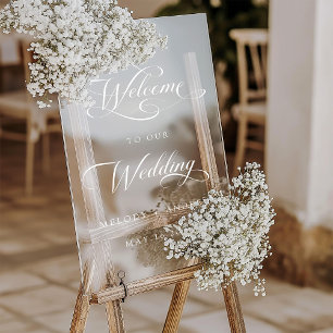 Romantic Swirly White Script Wedding Welcome Acrylic Sign