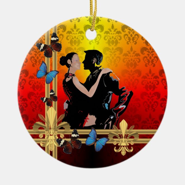 Romantic tango dancers on damask ceramic tree decoration (Front)