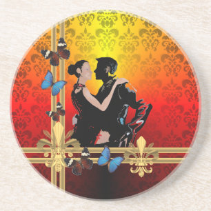 Romantic tango dancers on damask coaster