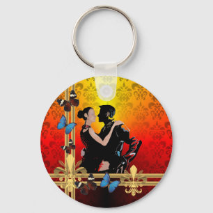 Romantic tango dancers on damask key ring