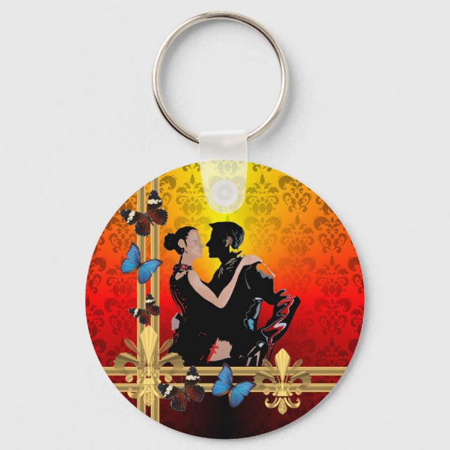 Romantic tango dancers on damask key ring (Front)