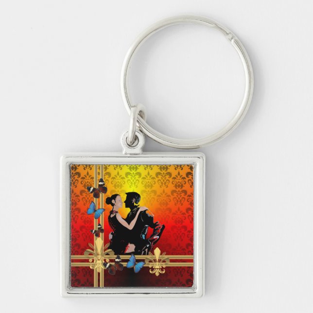 Romantic tango dancers on damask key ring (Front)