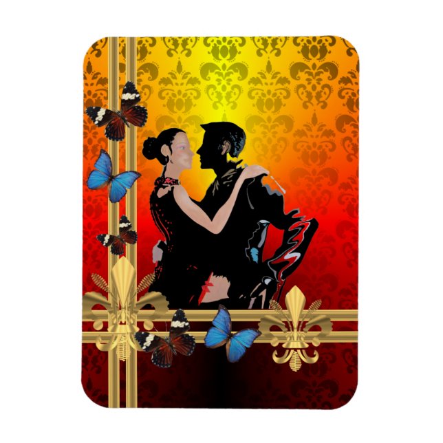 Romantic tango dancers on damask magnet (Vertical)
