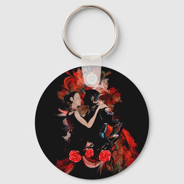 Romantic tango dancers on red fractal key ring (Front)