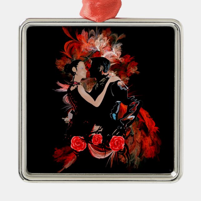 Romantic tango dancers on red fractal metal tree decoration (Front)
