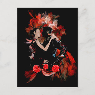 Romantic tango dancers on red fractal postcard