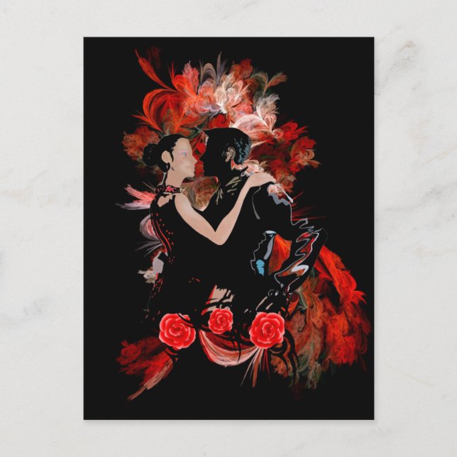 Romantic tango dancers on red fractal postcard (Front)
