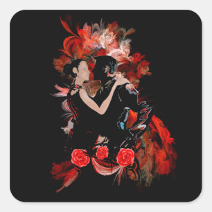 Romantic tango dancers on red fractal square sticker