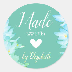 Romantic Teal Aqua Blue Made with Love Heart Cute  Classic Round Sticker