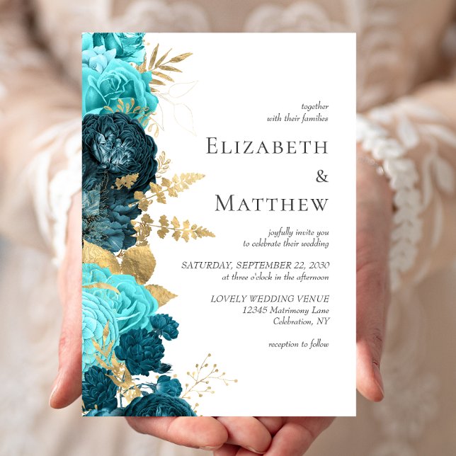 Romantic Teal Blue Gold Floral Wedding Invitation (Creator Uploaded)