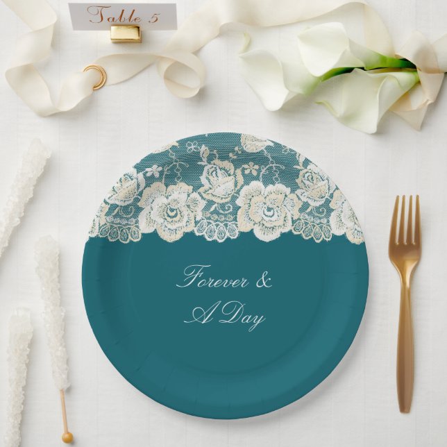 Romantic Teal Blue White Lace Floral Wedding Paper Plate (Wedding)