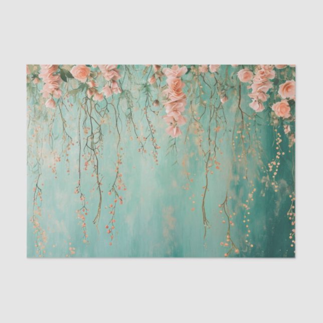 Romantic Teal Blush Flowers Wedding Tissue Paper (Front)