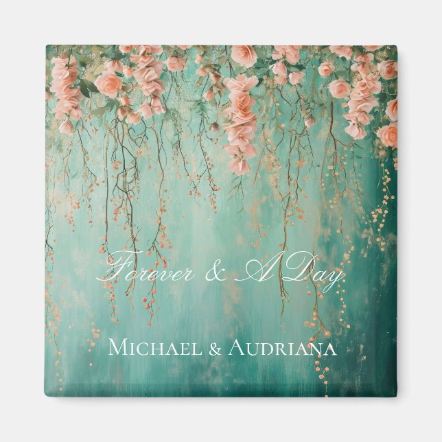 Romantic Teal Blush Peach Flowers Wedding Magnet (Front)