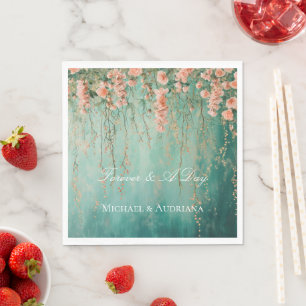 Romantic Teal Blush Peach Flowers Wedding Napkin