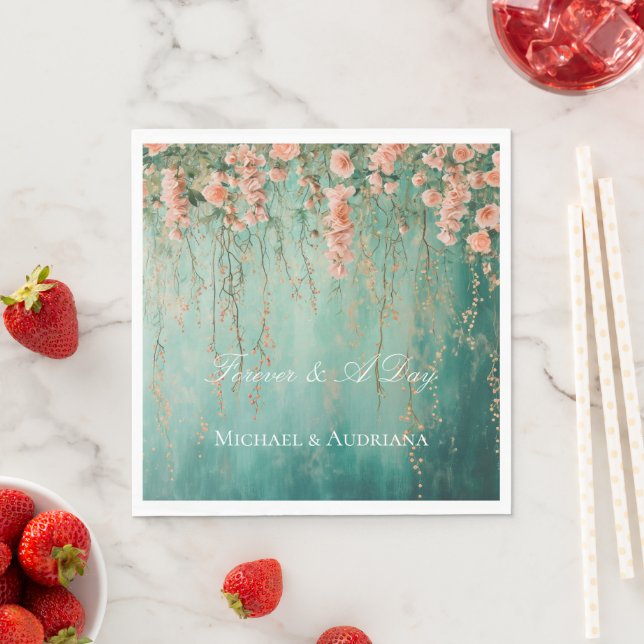 Romantic Teal Blush Peach Flowers Wedding Napkin (Insitu)