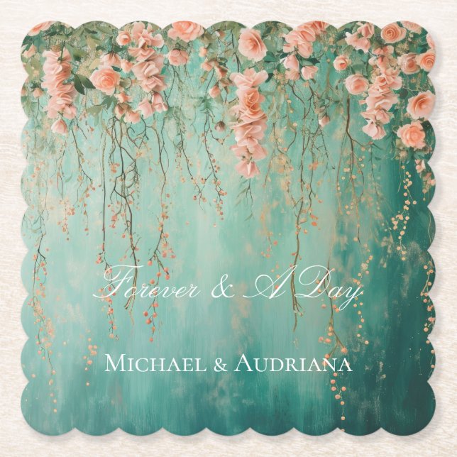 Romantic Teal Blush Peach Flowers Wedding Paper Coaster (Front)
