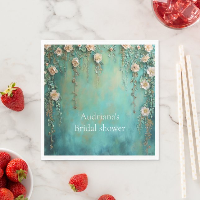 Romantic Teal Blush Pink Flowers Bridal Shower Napkin (Insitu)