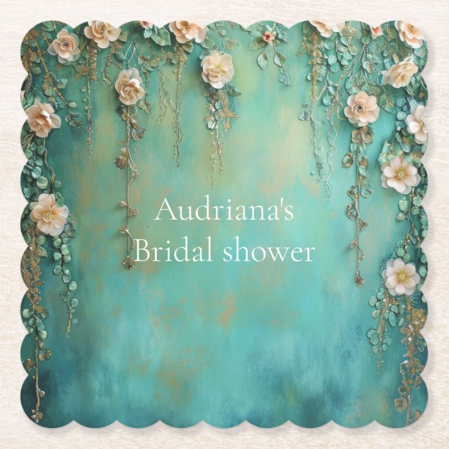 Romantic Teal Blush Pink Flowers Bridal Shower Paper Coaster (Front)