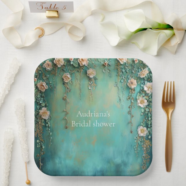 Romantic Teal Blush Pink Flowers Bridal Shower Paper Plate (Wedding)