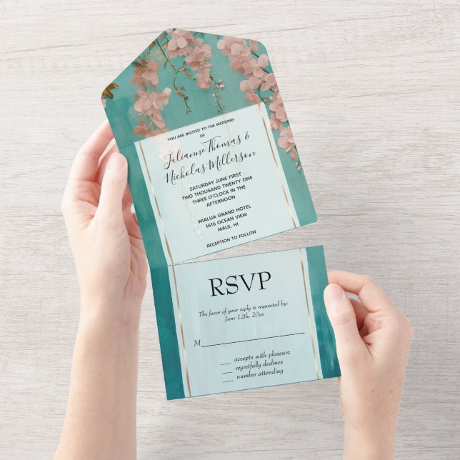 Romantic Teal Blush Pink Flowers Wedding All In One Invitation (Tearaway)