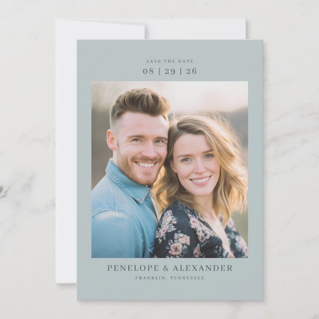 Romantic Teal Contemporary Photo Save The Date (Front)