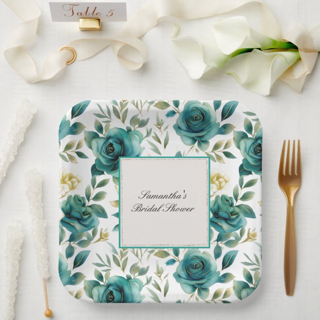 Romantic Teal Cream Rose Floral Bridal Shower Paper Plate (Wedding)