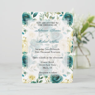 Romantic Teal Cream Roses Floral Wedding Invitation