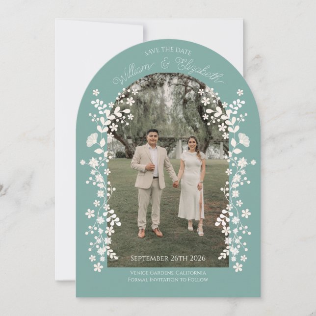 Romantic Teal Eucalyptus Floral Arch Save the Date Invitation (Front)