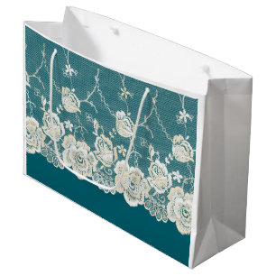 Romantic Teal Green Blue White Lace Floral Wedding Large Gift Bag