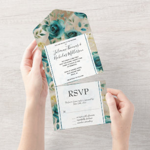 Romantic Teal Green Champagne Rose Floral Wedding All In One Invitation