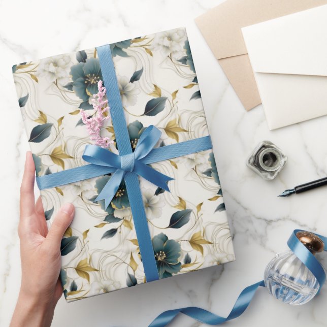 Romantic Teal Green Cream Flowers Wrapping Paper (Gifting)