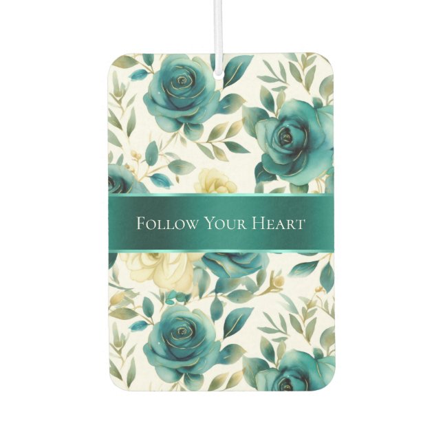 Romantic Teal Green Cream Rose Floral Car Air Freshener (Front)