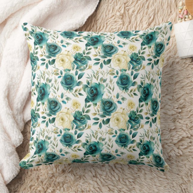 Romantic Teal Green Cream Rose Floral Cushion (Blanket)