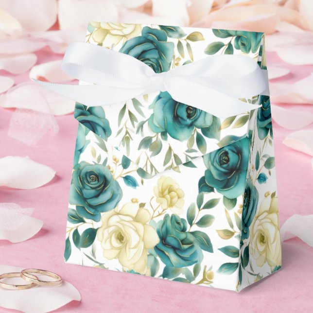 Romantic Teal Green Cream Rose Floral Favour Box (Wedding)